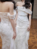 Sexy Sheath Off The Shoulder Lace Long White Wedding Dresses With Ribbon HZ1024