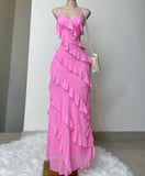 Elegant Sheath Spaghetti Straps Chiffon Pink Long Prom Dresses HZ1024