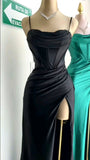 Modest Sheath Straps Satin Slit Prom Dress Long Evening Dresses With Ruffles HZ1024