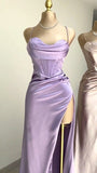 Modest Sheath Straps Satin Slit Prom Dress Long Evening Dresses With Ruffles HZ1024