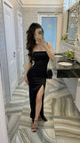 Modest Sheath Spaghatti Straps Black Slit Prom Dress Long Evening Dresses HZ1024