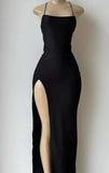 Modest Sheath Halter Black Long Prom Dress Evening Dresses With Split HZ1024