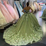Modest Ball Gown Sweetheart Tulle Long Sage Green Formal Sweet 16 Dress Prom Dresses HZ1024