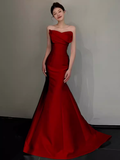Simple Mermaid Strapless Red Satin Long Prom Dresses HZ1024