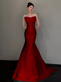 Simple Mermaid Strapless Red Satin Long Prom Dresses HZ1024