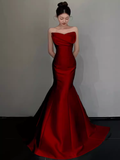 Simple Mermaid Strapless Red Satin Long Prom Dresses HZ1024