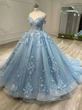 Modest Ball Gown Off The Shoulder Sweetheart Tulle Long Light Sky Blue Sweet 16 Dresses HZ1024