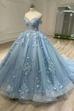 Modest Ball Gown Off The Shoulder Sweetheart Tulle Long Light Sky Blue Sweet 16 Dresses HZ1024