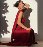 Modest Mermaid Strapless Red Long Prom Dress Evening Dresses With Ribbon HZ1024