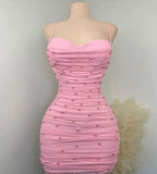 Simple Sheath Straps Pink Short Pearls Homecoming Dresses HZ1024