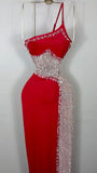 Modest Sheath One Shoulder Red Long Prom Dress Evening Dresses With Beads HZ1024