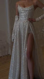 Modest A Line Strapless Sequin Long Prom Dress Slit Evening Dresses With Gloves HZ1024