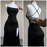 Modest Sheath Spaghetti Straps Backless Long Prom Dress Slit Evening Dresses HZ1024