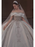 Luxury Ball Gown Off The Shoulder Short Sleeves Satin Wedding Dress HZ1024