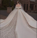 Luxury Ball Gown Off The Shoulder Short Sleeves Satin Wedding Dress HZ1024