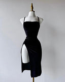 Simple Sheath Spaghetti Straps Black Slit Homecoming Dresses HZ1024