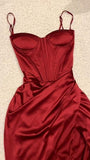 Modest Sheath Spaghetti Straps Red Long Prom Dress Slit Evening Dresses HZ1024