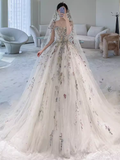 Luxury Ball Gown Off The Shoulder Short Sleeves Flowers Lace Wedding Dress HZ1024