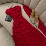 Modest Sheath Strapless Red Long Prom Dress Ruffles Evening Dresses HZ1024