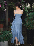 Elegant Sheath Spaghetti Straps Sky Blue Vintage Floral Dress Asymmetrical Hem Prom Dresses HZ1024