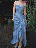 Elegant Sheath Spaghetti Straps Sky Blue Vintage Floral Dress Asymmetrical Hem Prom Dresses HZ1024