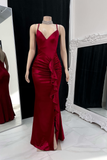 Sexy Mermaid Burgundy Slit Spaghetti Straps Prom Dresses HZ1024