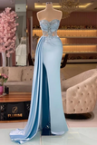 Sexy Mermaid Light Sky Blue Slit Sweetheart Long Prom Dresses HZ1024