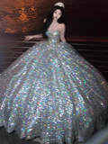 Luxury Ball Gown Strapless Sleeveless Silver Sequin Wedding Dress HZ1024