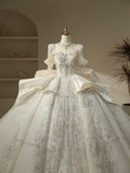 Unique Ball Gown High Neckline Sequin Lace Long White Wedding Dresses HZ1024