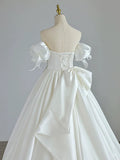 Simple Ball Gown Sweetheart Satin Long White Wedding Dresses With Bow HZ1024