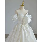 Simple Ball Gown Sweetheart Satin Long White Wedding Dresses With Bow HZ1024