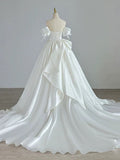 Simple Ball Gown Sweetheart Satin Long White Wedding Dresses With Bow HZ1024