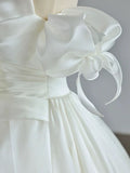 Simple Ball Gown Sweetheart Satin Long White Wedding Dresses With Bow HZ1024