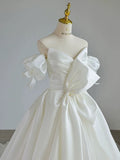 Simple Ball Gown Sweetheart Satin Long White Wedding Dresses With Bow HZ1024