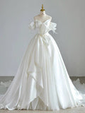 Simple Ball Gown Sweetheart Satin Long White Wedding Dresses With Bow HZ1024