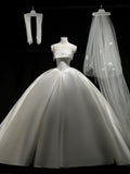 Simple Ball Gown Strapless Satin Long White Wedding Dresses With Lace HZ1024