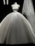 Simple Ball Gown Strapless Satin Long White Wedding Dresses With Lace HZ1024