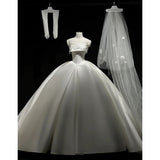 Simple Ball Gown Strapless Satin Long White Wedding Dresses With Lace HZ1024