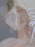 Dreamy Ball Gown Off The Shoulder Pink Lace Long Wedding Dresses With Beads HZ1024