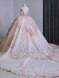 Dreamy Ball Gown Off The Shoulder Pink Lace Long Wedding Dresses With Beads HZ1024