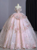 Dreamy Ball Gown Off The Shoulder Pink Lace Long Wedding Dresses With Beads HZ1024