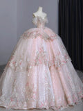 Dreamy Ball Gown Off The Shoulder Pink Lace Long Wedding Dresses With Beads HZ1024