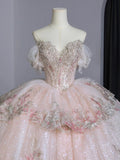 Dreamy Ball Gown Off The Shoulder Pink Lace Long Wedding Dresses With Beads HZ1024