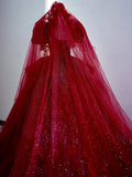 Dreamy Ball Gown V Neckline Red Lace Long Wedding Dresses With Lace HZ1024