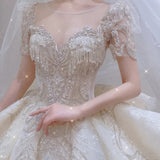Dreamy Ball Gown Scoop Neckline White Lace Long Wedding Dresses With Beads HZ1024
