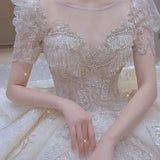 Dreamy Ball Gown Scoop Neckline White Lace Long Wedding Dresses With Beads HZ1024
