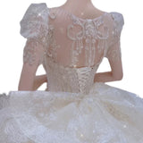 Dreamy Ball Gown Scoop Neckline White Lace Long Wedding Dresses With Beads HZ1024