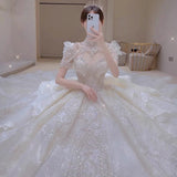 Dreamy Ball Gown Scoop Neckline White Lace Long Wedding Dresses With Beads HZ1024