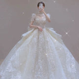 Dreamy Ball Gown Scoop Neckline White Lace Long Wedding Dresses With Beads HZ1024