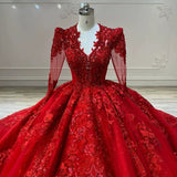 Dreamy Ball Gown V Neckline Red Long Sleeves Lace Long Wedding Dresses With Beads HZ1024